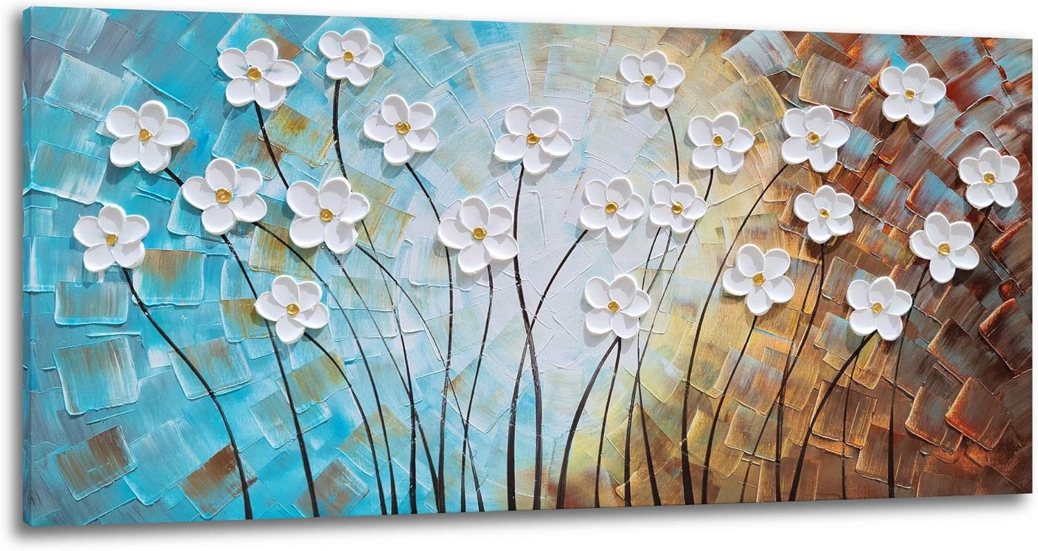 Paintings - YHSKY ARTS Flower Canvas Wall Art Hand Painted 3D Turquoise Brown White Painting Modern Abstract Floral Pictures Aesthetic Artwork for Living Room Bedroom Dinning Room Decoration