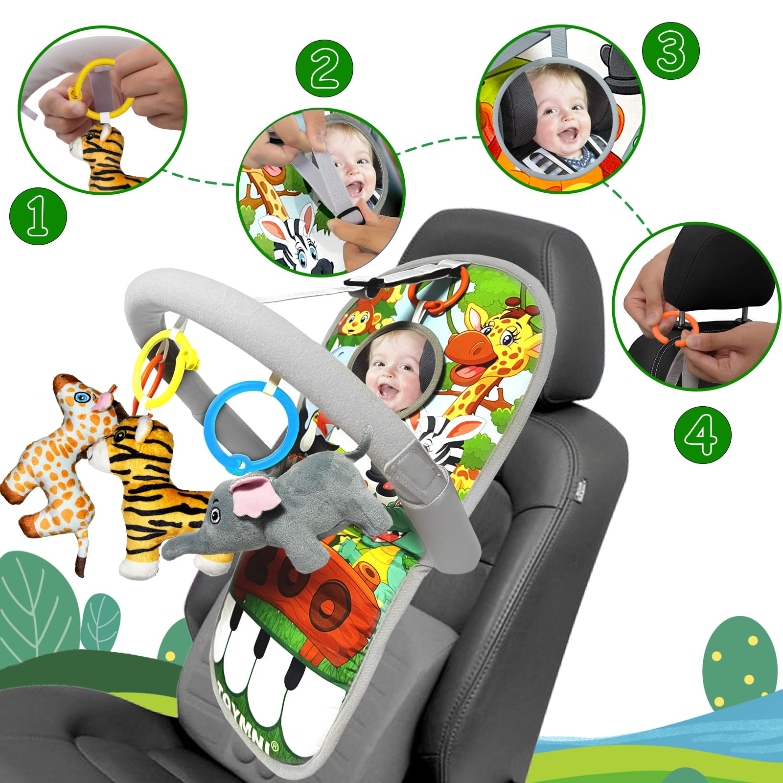 Car Seat Toys for 6-12 Months - Musical Pedal Piano with Baby Mirror, Squeaky Sensory Soft Animal Toys for Rear Facing Carseats