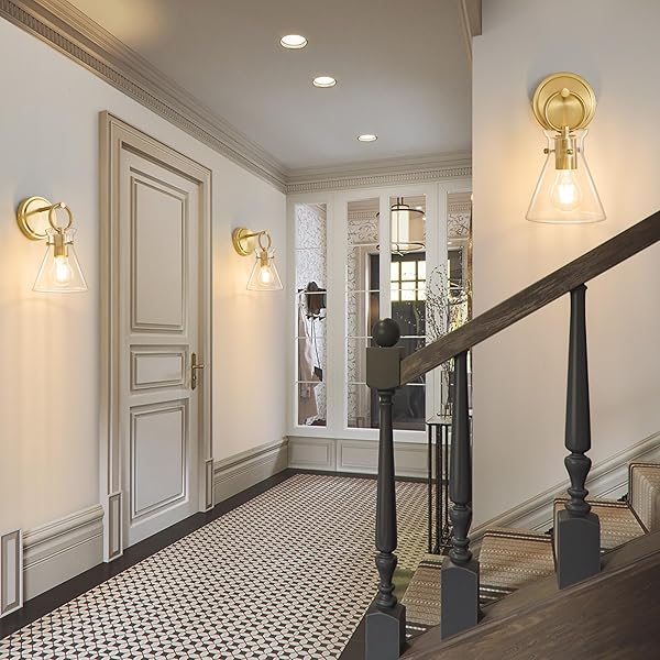 GOLD WALL SCONCE 1-LIGHT HARDWIRED WALL MOUNT MODERN FARMHOUSE VANITY LIGHT FIXTURES WITH 6 INCH CLEAR GLASS SHADE, WALL LIGHTS FOR BATHROOM, BEDROOM, LIVING ROOM, MIRROR, KITCHEN, LIGHTING LAMP