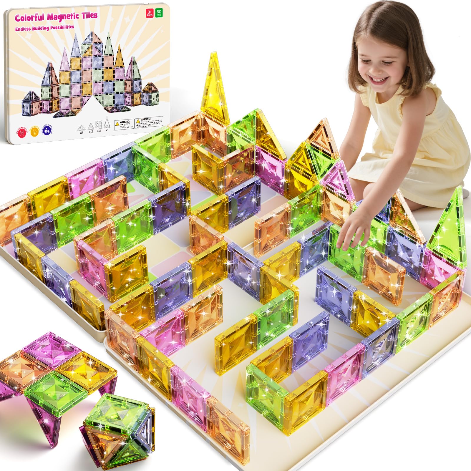 Magnetic Tiles Building Blocks, 60pcs Magnetic Blocks with Big Playboard Box, 5CM Magnet Tiles Construction Stacking Toys Educational Christmas Birthday Gifts for Boys Girls 3 4 5 6 7 8 Year Old