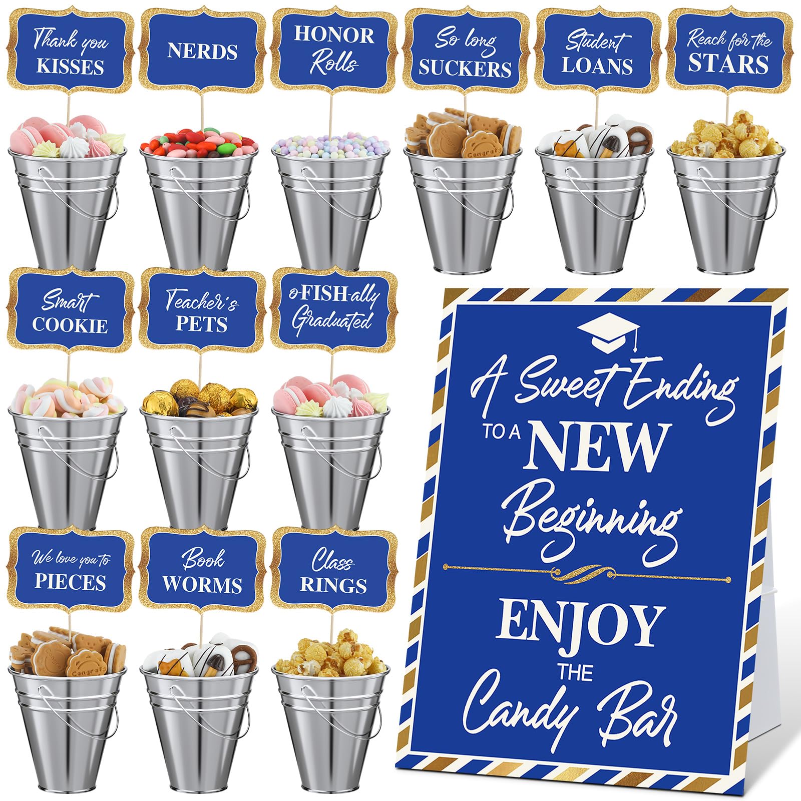 Photo 1 of 12 Set 2026 Graduation Candy Buffet Party Decoration Graduation Table Candy Bar Snack Labels Signs and 5'' Buckets with Handle for Class of 2026 Party Parties Supplies(Pure Style,Blue)