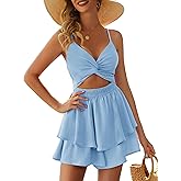 AGERWAY Women's Jumpsuit Sexy V Neck Twist Spaghetti Straps Double Layer Ruffle Hem Mini Short Romper