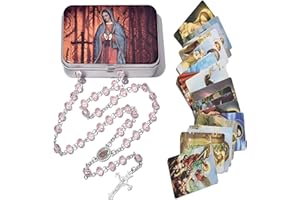 SZQCZB Rosary Crystal Bead Catholic Necklace Holy Soil Medal Cross Crucifix Rosary with Metal Box and 18Pcs Holy Card