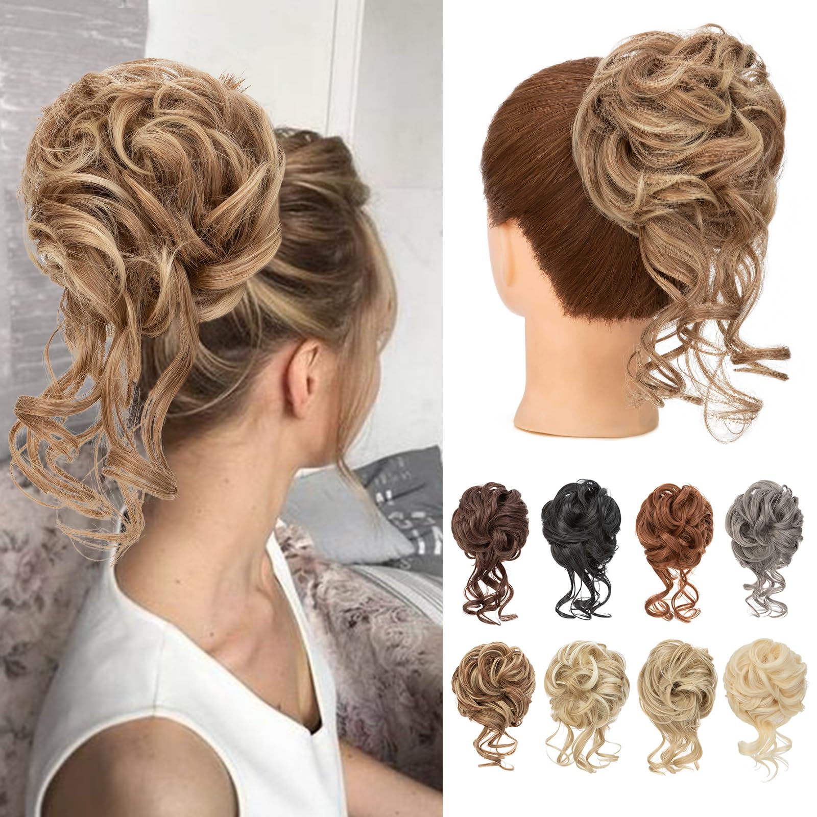 Benehair Messy Bun Hair Piece Wavy Curly Claw Clip Hair Bun Extensions Synthetic Hair Bun Donut Accessories Scrunchies Hair Pieces for Women(Light Brown with Golden Ends, 75g)
