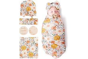 BQUBO Baby Girl Newborn Floral Receiving Blankets with Bow Hat Headband Wooden Birth Announcement Card Set Newborn Baby Swadd