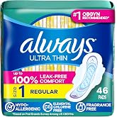 Always Ultra Thin Feminine Pads with Wings for Women, Size 1, Regular Absorbency, Unscented, Up to 100% Leak-Free Protection, 46 Count