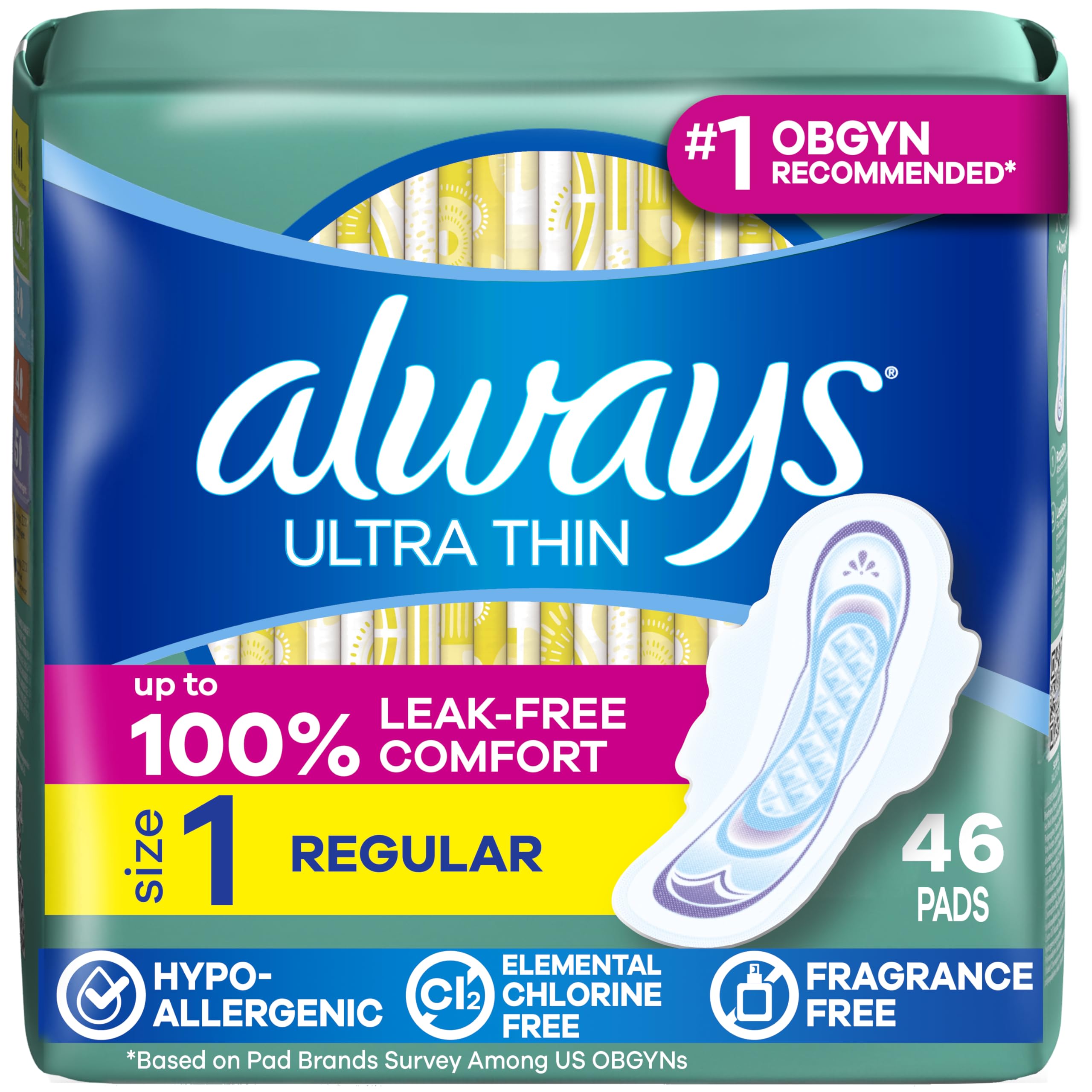 Always Ultra Thin Feminine Pads with Wings for Women, Size 1, Regular Absorbency, Unscented, Up to 100% Leak-Free Protection, 46 Count