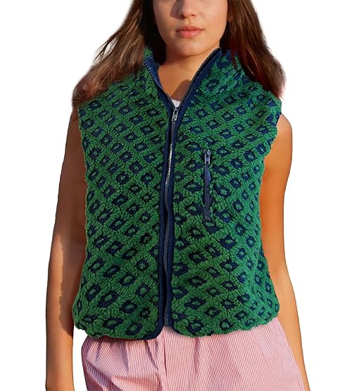Colorful world Womens Checkered Sherpa Vest Fleece Jacket Lightweight Zip Up Sleeveless Crochet Plaid Gilet with Pocket (Green-Diamond,XS)