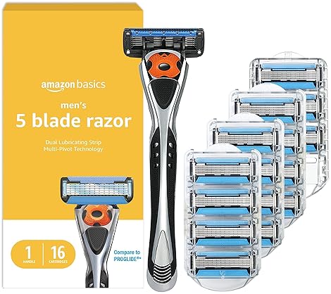 Shave & Hair Removal - Amazon Basics 5-Blade MotionSphere Men's Razor with Dual Lubrication and Precision Trimmer, 17 Piece Set, 1 Handle & 16 Cartridges, Black