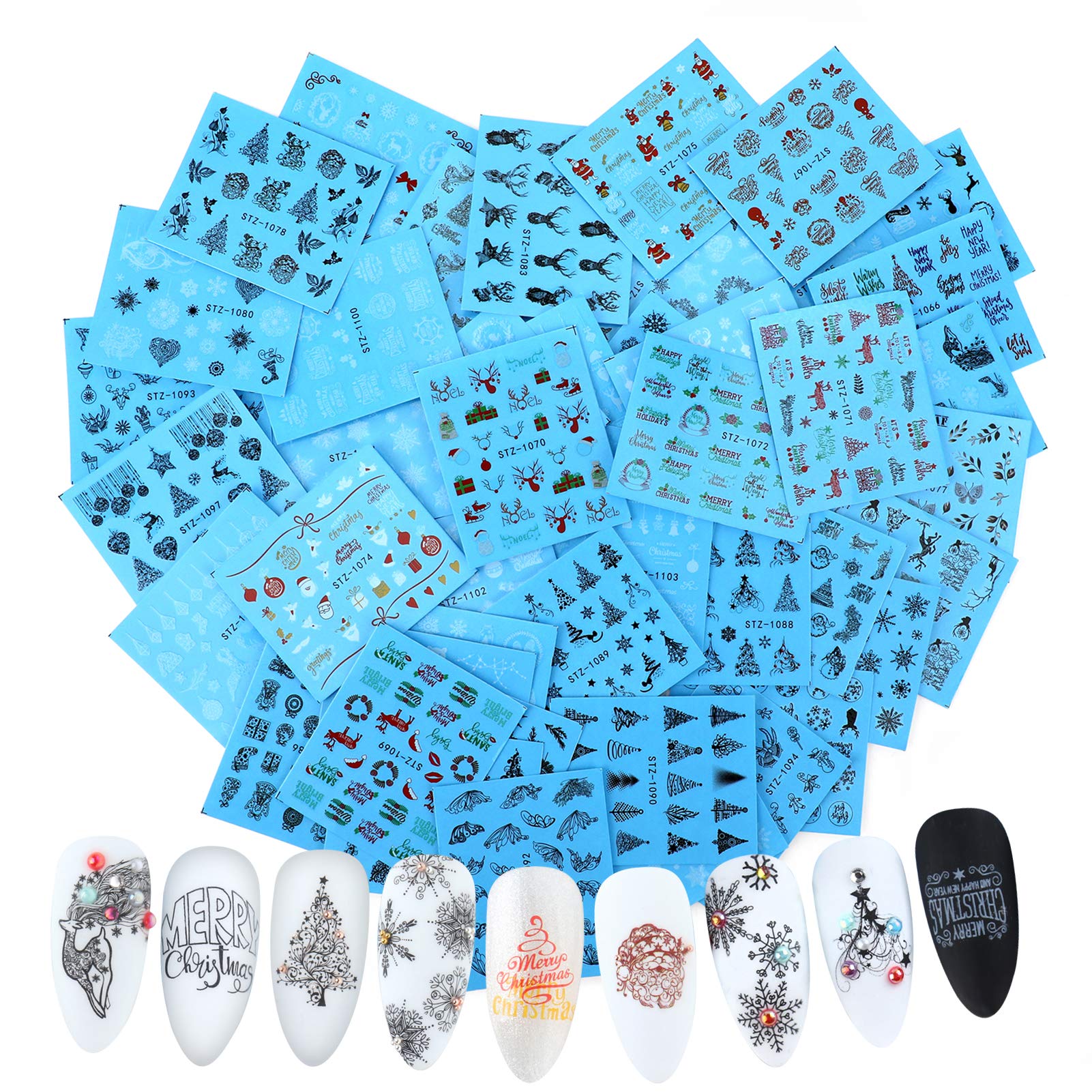 MWOOT 48 Sheets Christmas Nail Art Stickers Decals,New Year Water Transfer Stickers Set with Santas Snowflake,Home Manicure Decals for DIY Nail Tips Decoration
