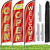 Kerty 3 Sets Open Feather Flag Pole Kit, 9.2 Feet Tall Grand Opening Flag, Sign Advertising Flag Banner, Now Open Theme Feather Flags with Ground Stake and Portable Bag for Outside Ground