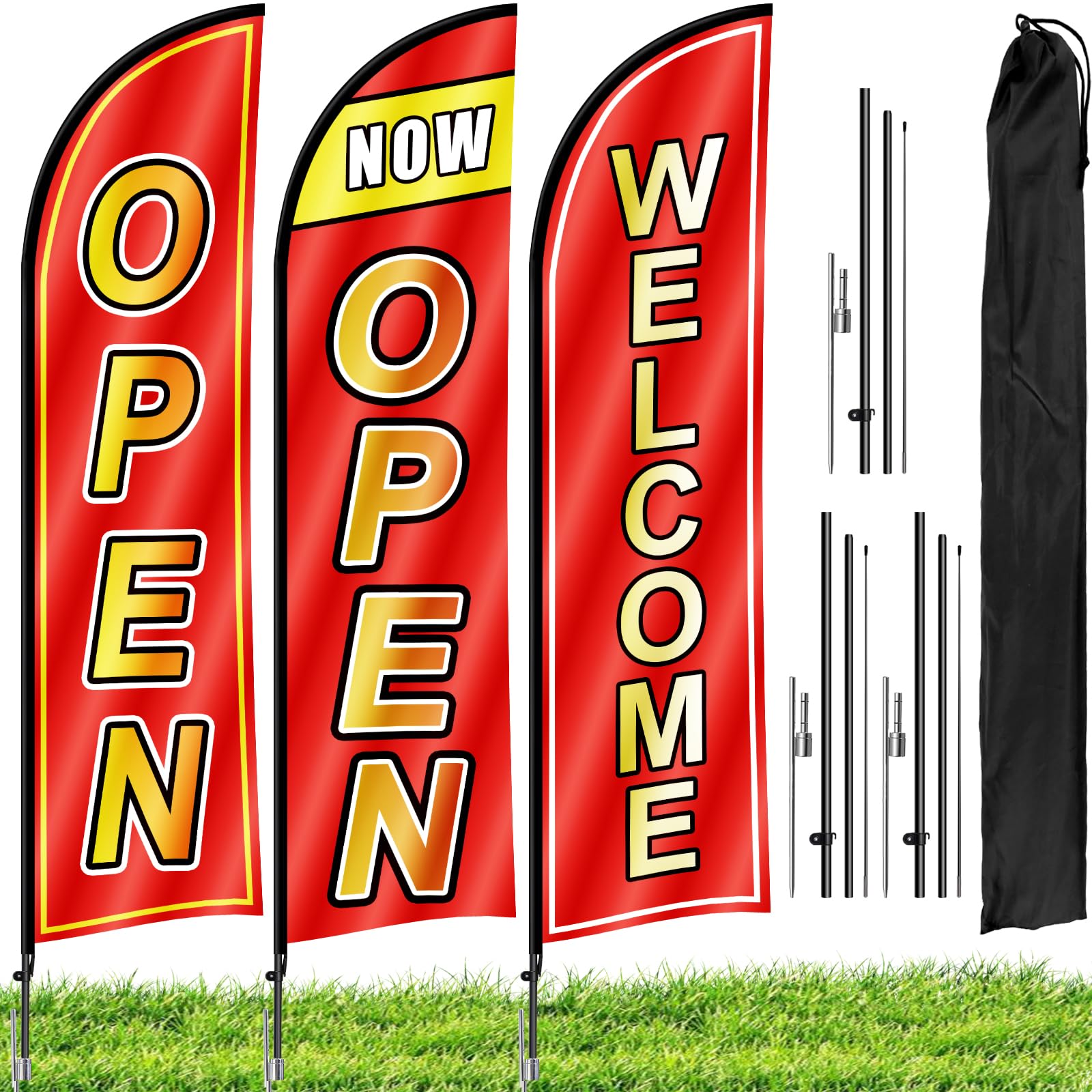 Photo 1 of ***FOR PARTS ONLY - NO RETURNS - SALE FINAL***Kerty 3 Sets Open Feather Flag Pole Kit, 9.2 Feet Tall Grand Opening Flag, Sign Advertising Flag Banner, Now Open Theme Feather Flags with Ground Stake and Portable Bag for Outside Ground
