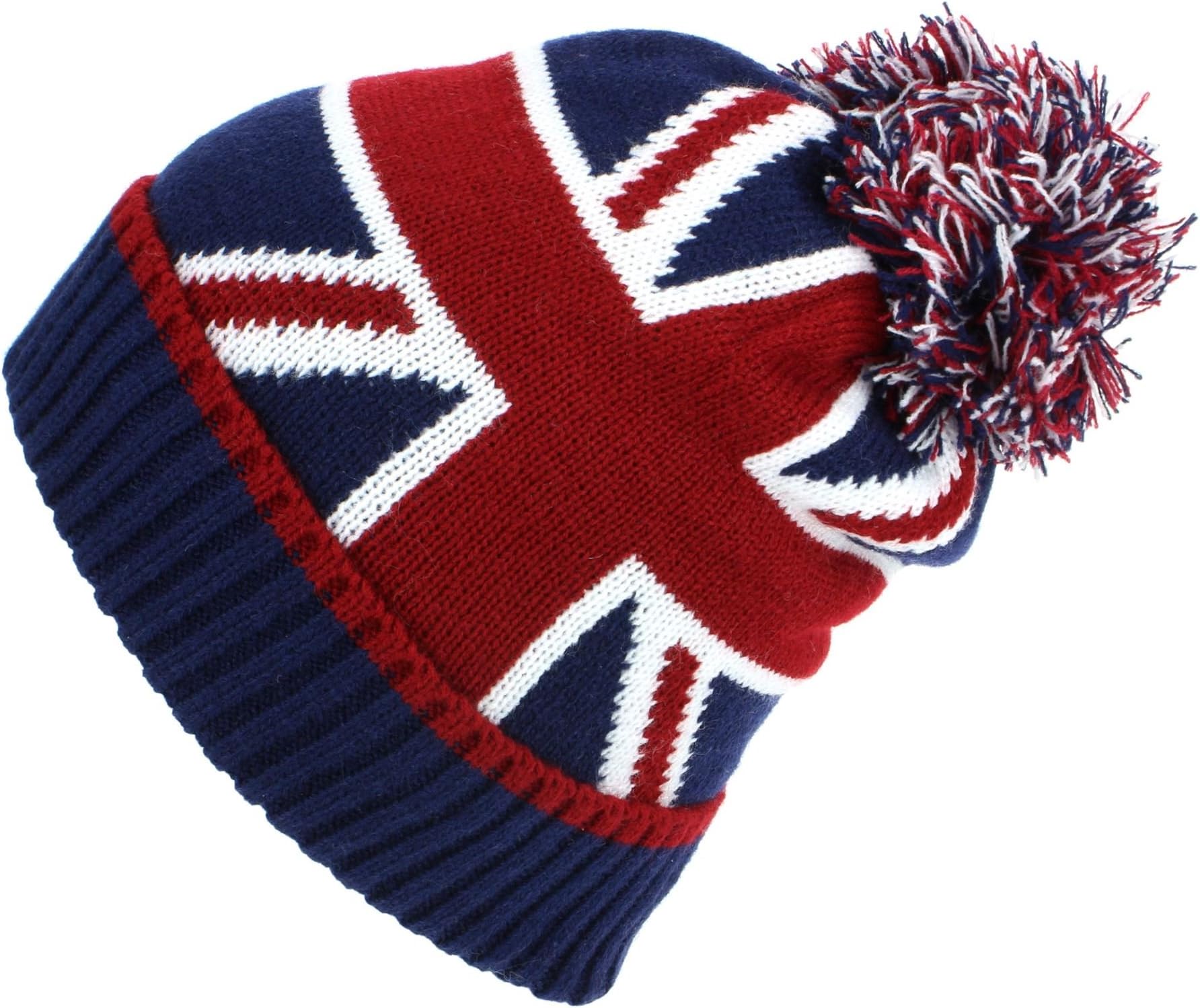 Macahel Union Jack Bobble Beanie Hat with Super Soft Fleece Lining