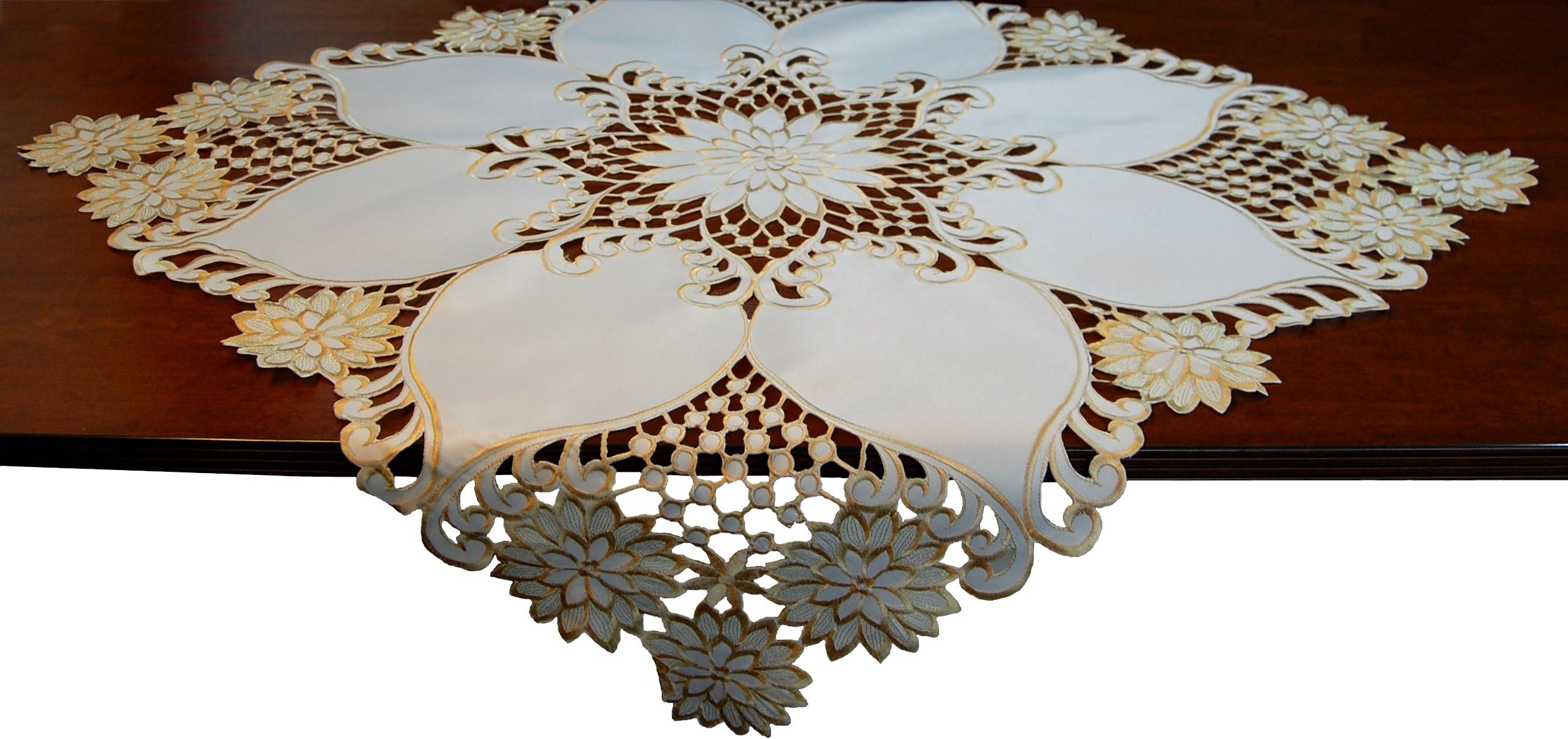 EcoSol Designs Embroidered Table Topper Centerpiece (33"x33", White-Gold Lily)