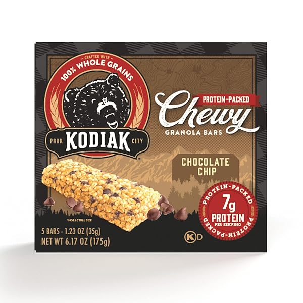 KODIAK CAKES CHEWY GRANOLA SNACK BARS, CHOCOLATE CHIP, HIGH PROTEIN, 100% WHOLE GRAINS, 1 BOX WITH 5 BARS