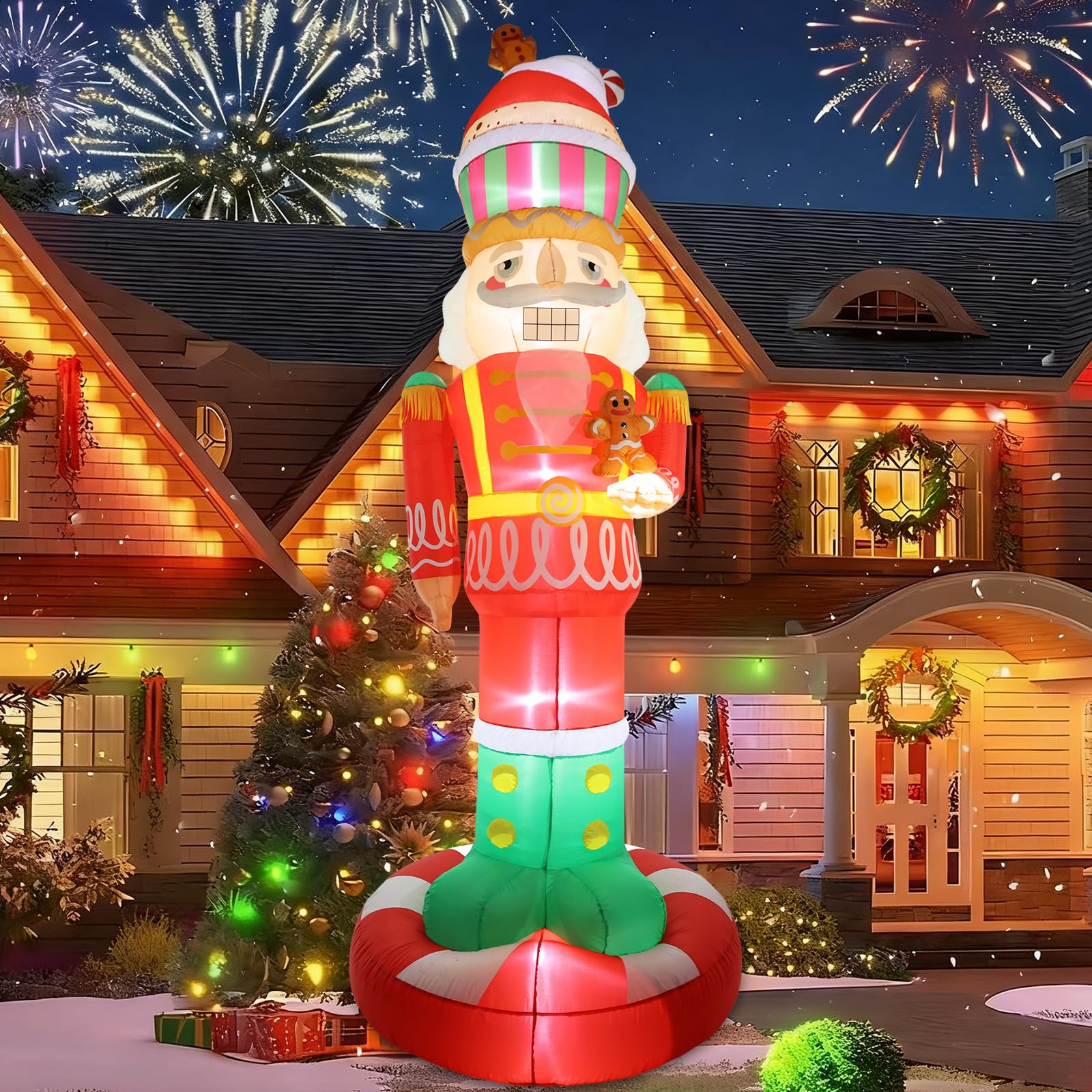 Photo 1 of 10FT Christmas Nutcracker with Little Gingerbread Man Inflatable Outdoor Decoration Blow up Yard with LED Lights Xmas Funny Giant Large Holiday Party Outside Decor
