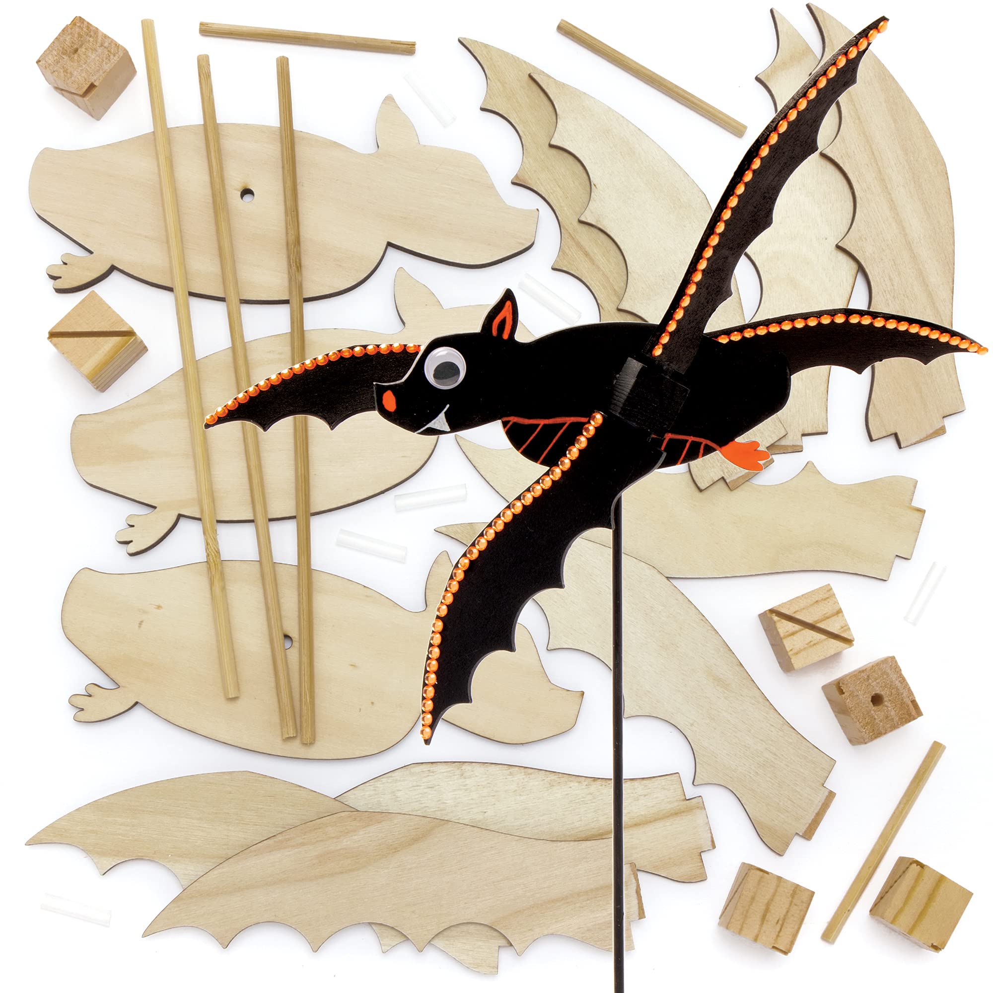 Baker Ross FE667 Bat Wooden Windmill Kits - Pack of 3, Windmills for Garden, Make Your Own Wind Spinner, Wooden Crafts for Children to Make, Decorate and Display