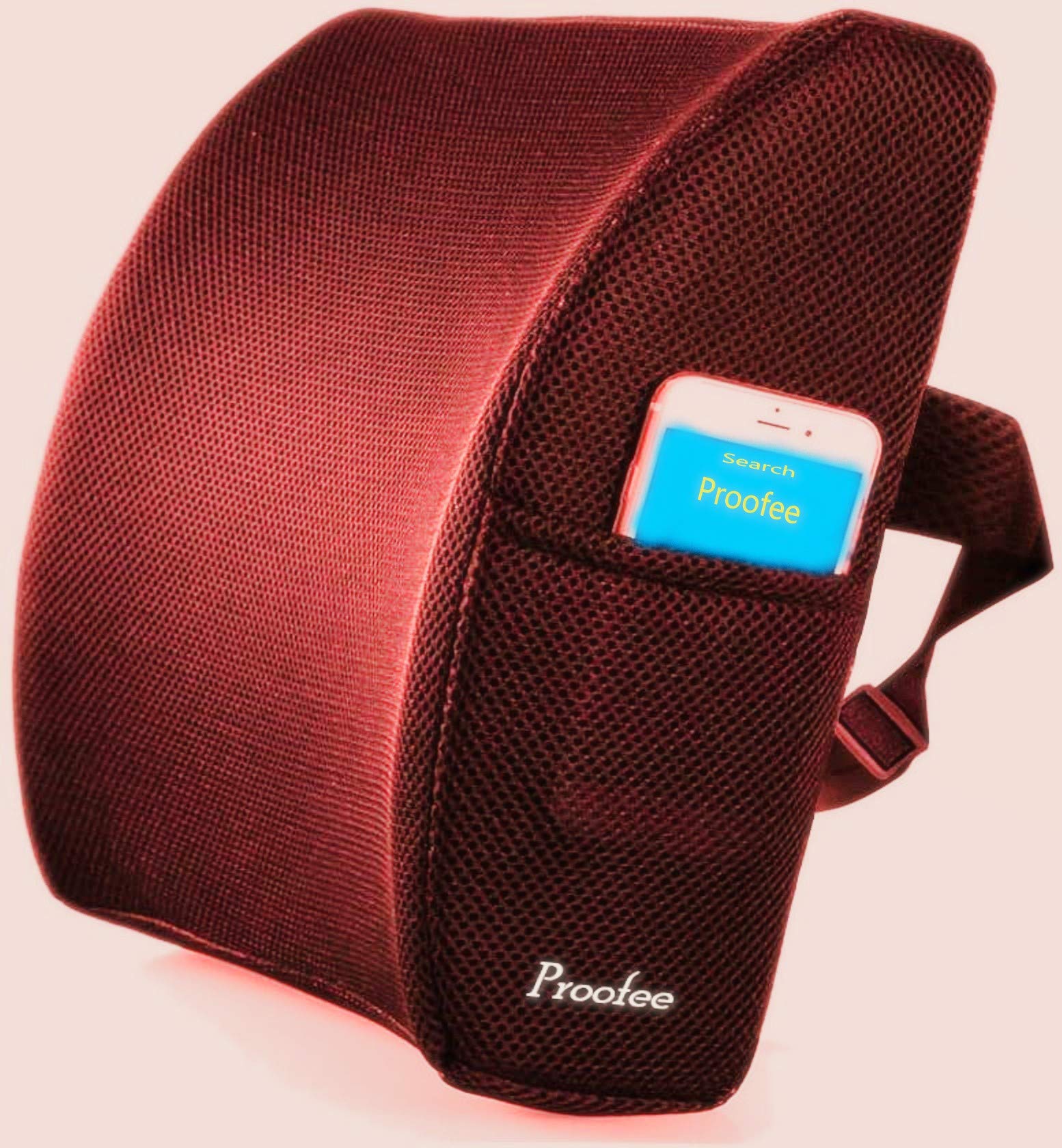 Proofee - Memory Foam Cushion For Lumbar Support - Soothes Back Pain - Improve Your Posture with Soft & Firm Balanced Orthopaedic Pillow - Washable Mesh Cover, Buckle Strap & Phone Pocket – Dark Brown