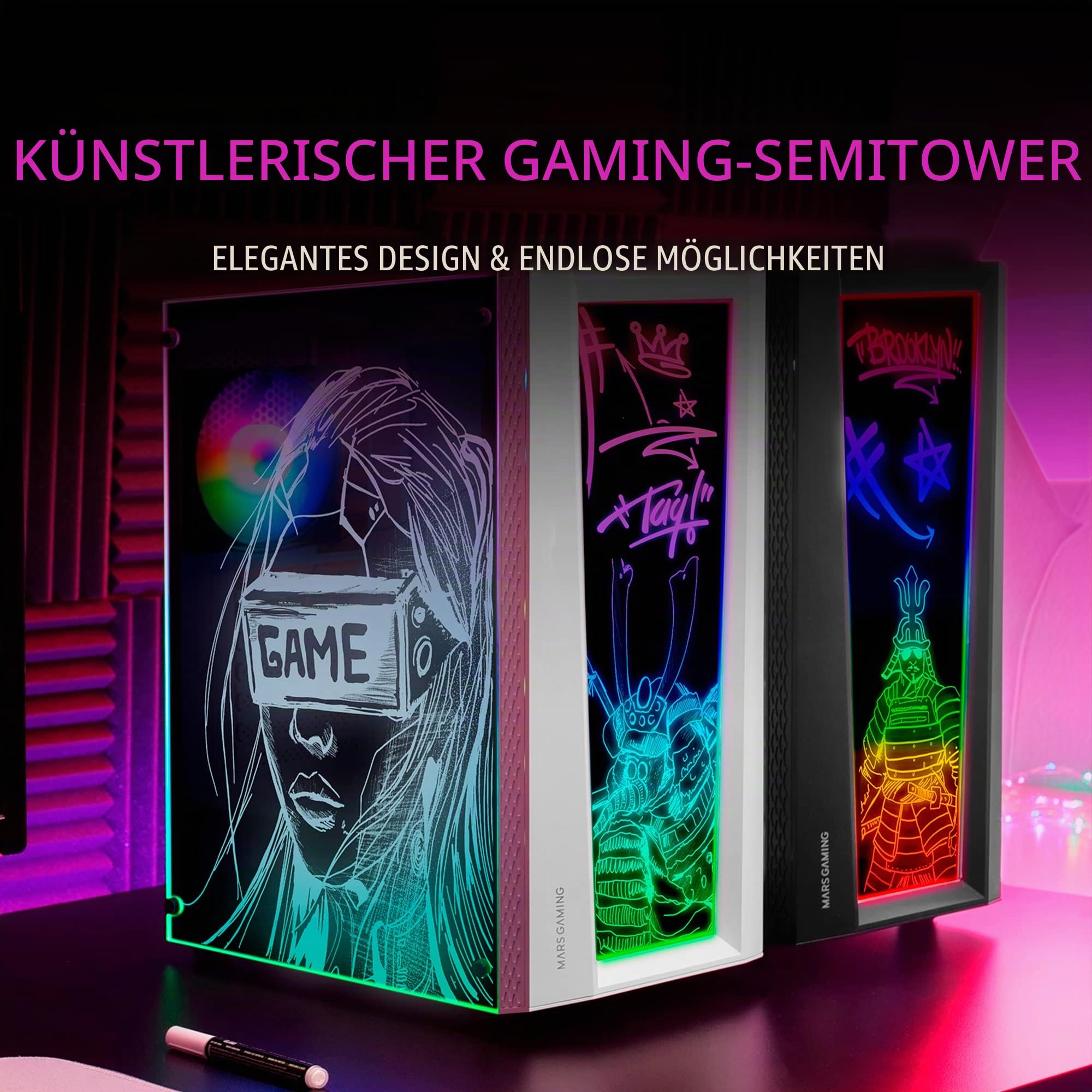 Mars Gaming MC-Art Schwarz, PC Gaming ATX Gehäuse, Doppelt Zeichnbar Gehärtetes Glas, ARGB 12 Mode, 12cm Lüfter, MCART 2