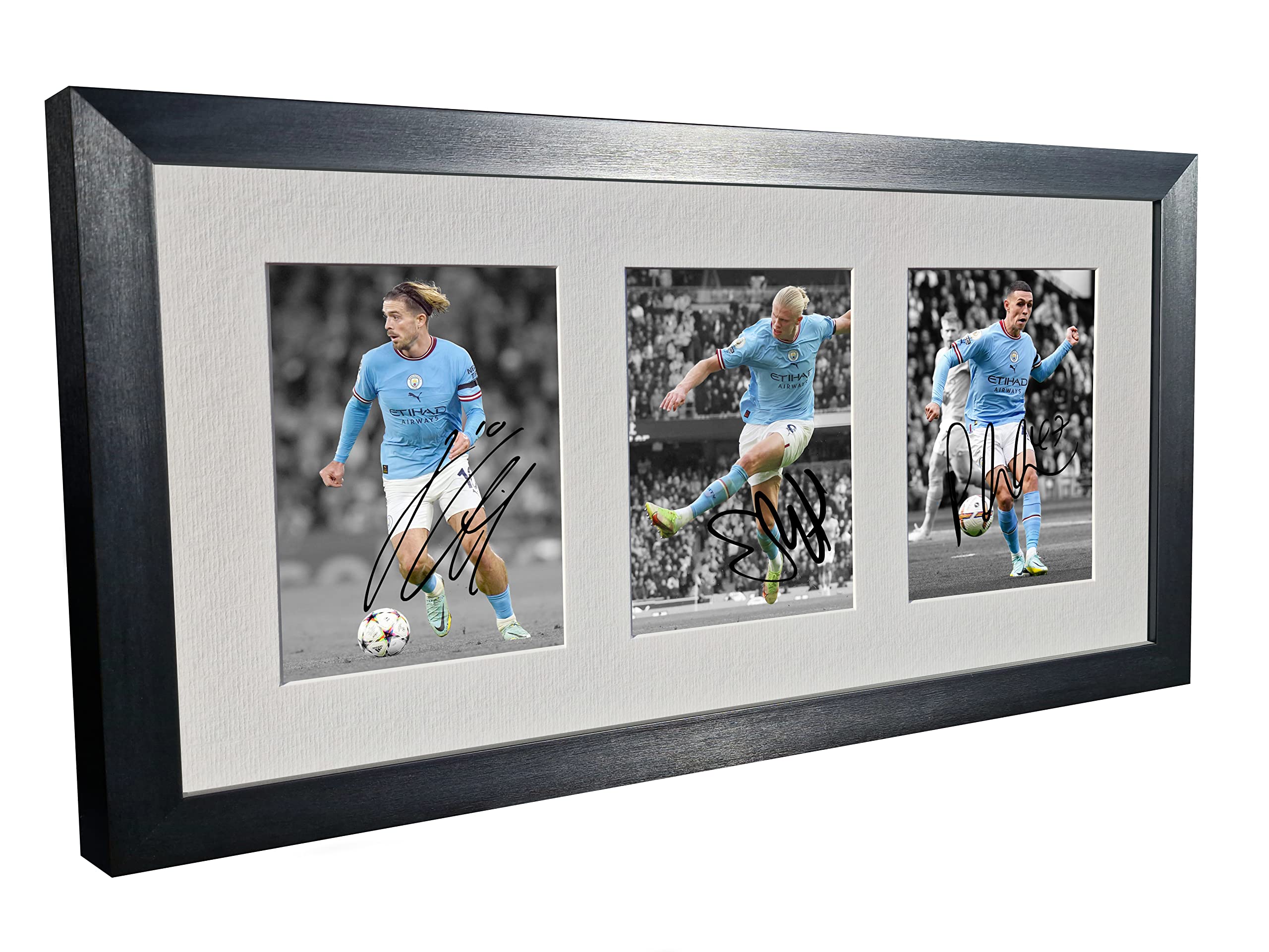 Signed Black 2022/23 Manchester City - Jack Grealish - Erling Haaland - Phil Foden - Autographed Photo Photograph Picture Frame Football Soccer Poster Gift