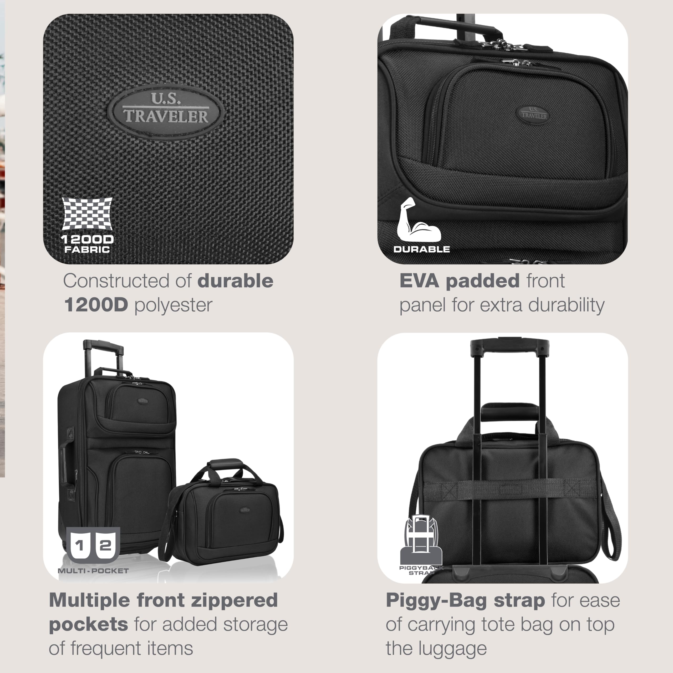 U.S. Traveler Rio Fabric Expandable Carry-on Luggage, Rolling Suitcase, Black, 2 Wheel Set