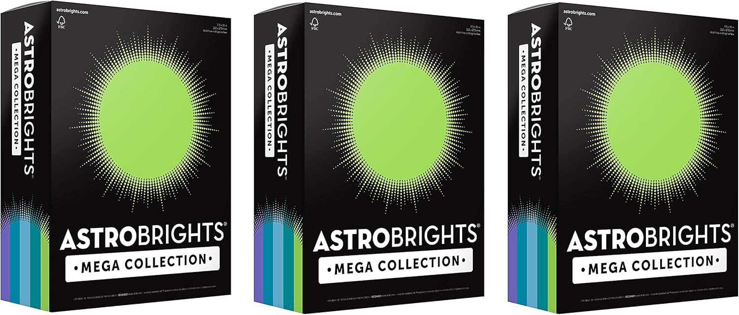 Astrobrights Mega Collection Colored Paper, 8 ½ x 11, 24 lb/89 gsm, “Frosty” 5-Color Assortment, 625 Ct. (91686)" Exclusive" - More Sheets! : Office Products
