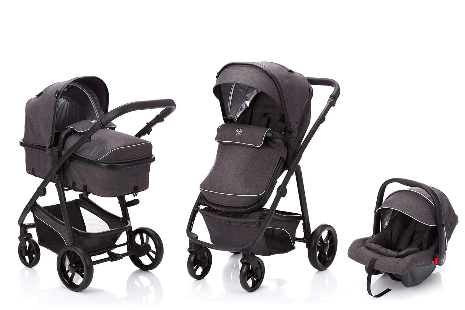 fill Kinderwagen-Set Panther mit Babyschale | Multi Kinderwagen/Kombikinderwagen 3in1 mit Buggy &amp; Babyschale, Design:dunkelgrau