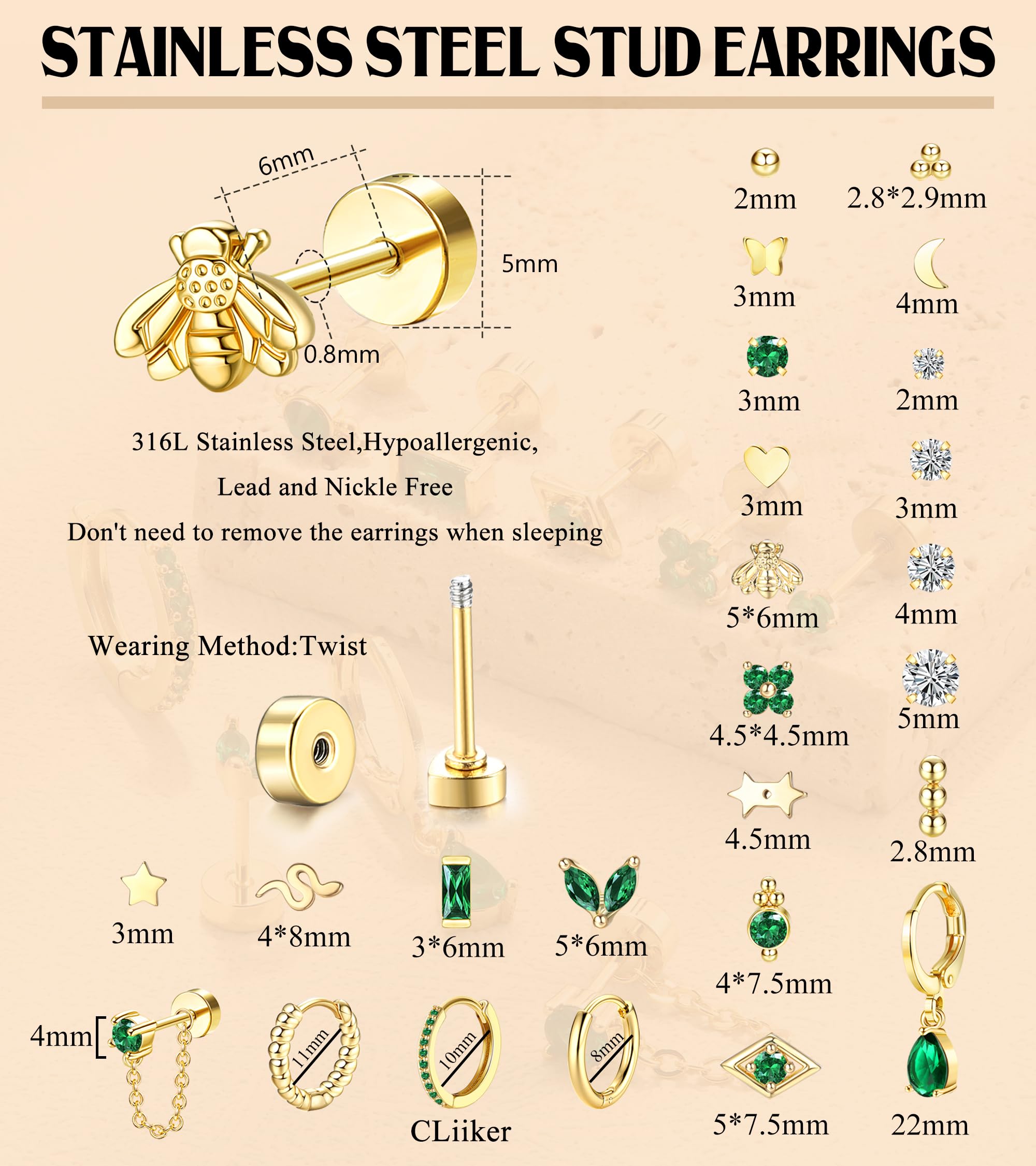 ADRAMATA Gold Flat Back Earrings for Women Hypoallergenic Surgical Steel Earrings for Sensitive Ears 20G Small Stainless Steel Flatback Stud Hoop Cartilage Earring Set for Multiple Piercing Helix/Tragus/Conch