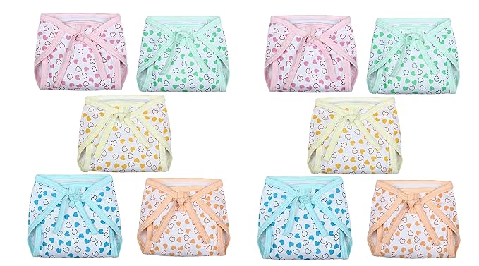 COZY Newborn Cotton Washable Reusable Hosiery Double Layer Diapers/Nappies (Multicolour, 0-6 Months) - Pack of 10