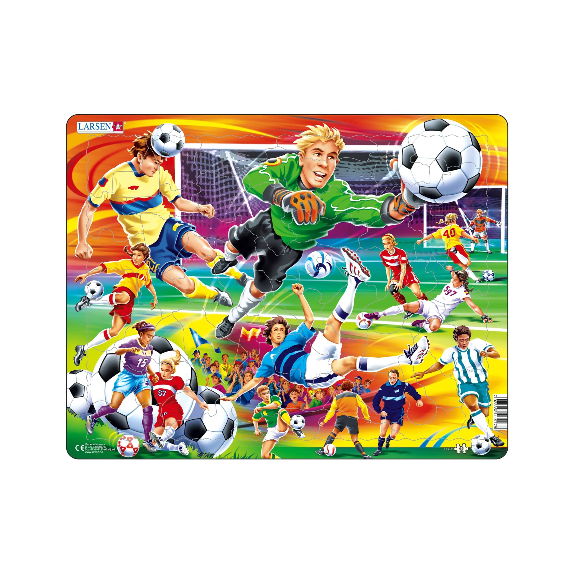 Larsen US22 Action on the Football Pitch Jigsaw Puzzle for Kids Age 6+ - 65 Pieces | Fun Football Puzzle Gift for Boys | Boxless Tray & Frame | Made in Norway