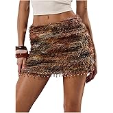MakeMeChic Women's Striped Fuzzy Mini Skirt Faux Fur Low Waist Y2k Bodycon Skirts