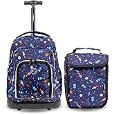 J World Lollipop Kids Rolling Backpack & Lunch Bag Set for Elementary School. Carry-On Suitcase with Wheels, Spaceship