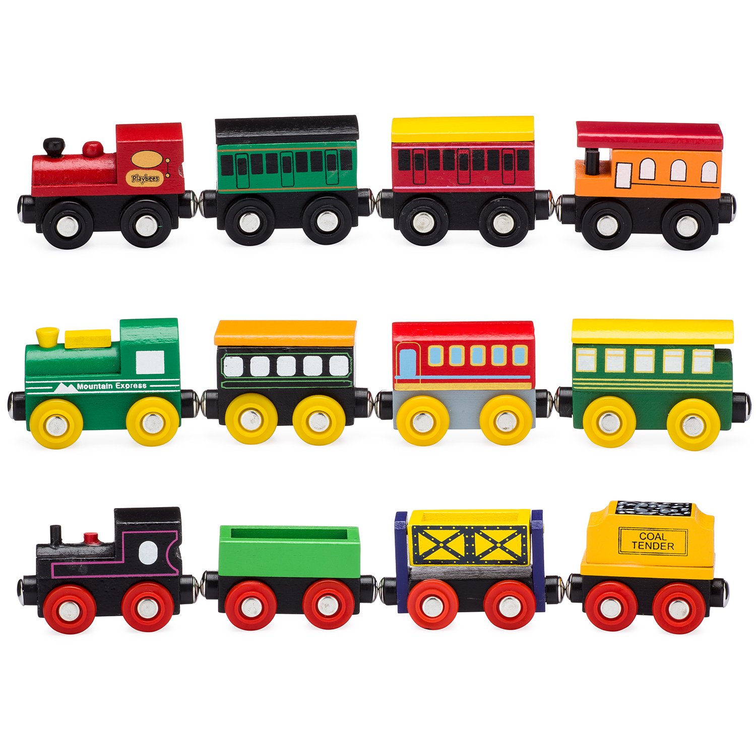 Playbees 12Piece Wooden Train Cars Set Includes 3 Engines