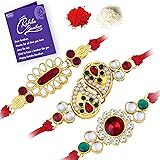 Sukkhi Glorious Gold Plated Kundan Rakhi Combo (Set of 3 Rakhi's) with Roli Chawal and Raksha Bandhan Greeting Card For Men