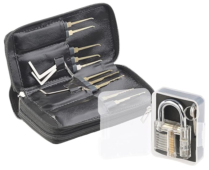 AGT Lockpick: Profi-Lockpicking-Set mit 30-teiliger Dietrich-Tasche & Übungs-Schloss (Türöffnungsset)