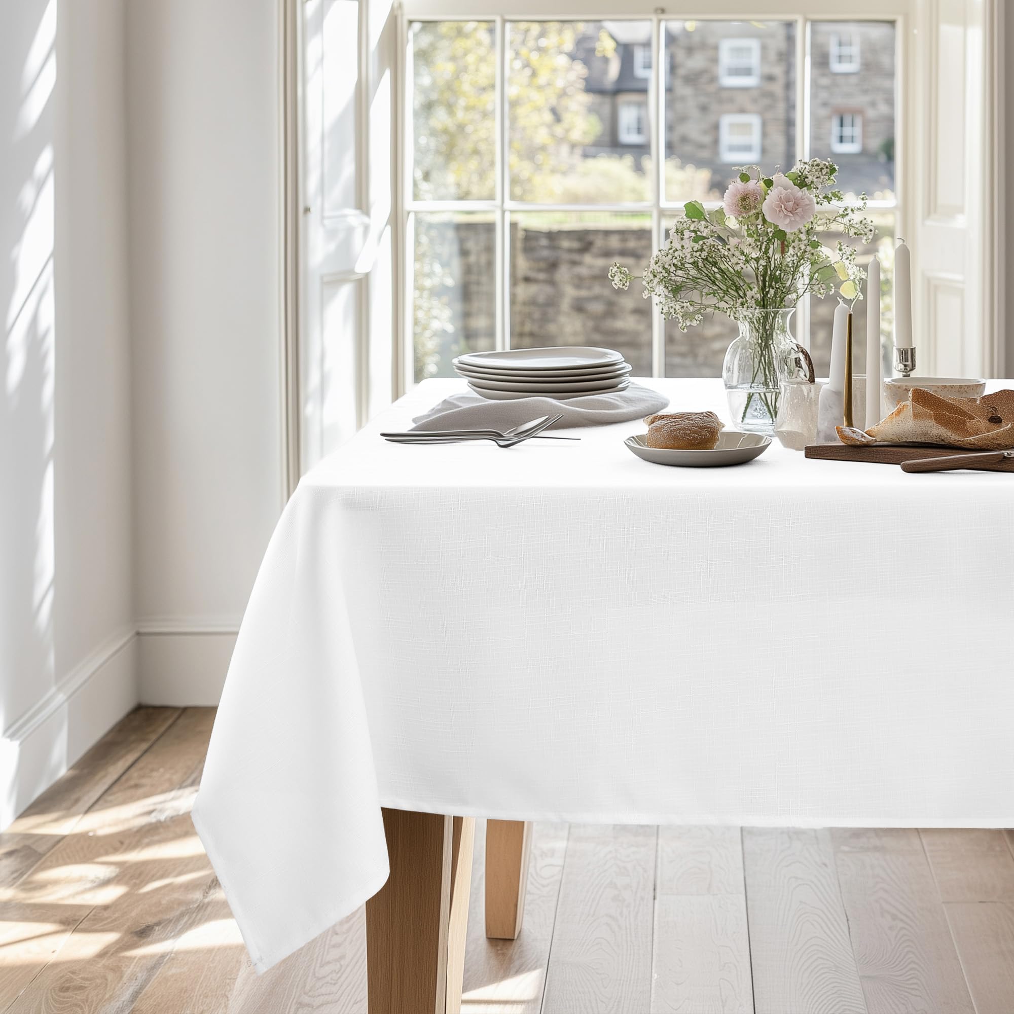 Deconovo Water Resistant Faux Linen Tablecloth Wipeable Table Covers for Kids White 130x160cm(51x63in)