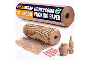 HEXAWRAP Honeycomb Packing Paper 15" x 200ft with 20 Fragile Stickers|Shipping & Moving Supplies|Small Business Packaging Supplies|Eco Friendly Bubble Wrap Packing Boxes for Moving