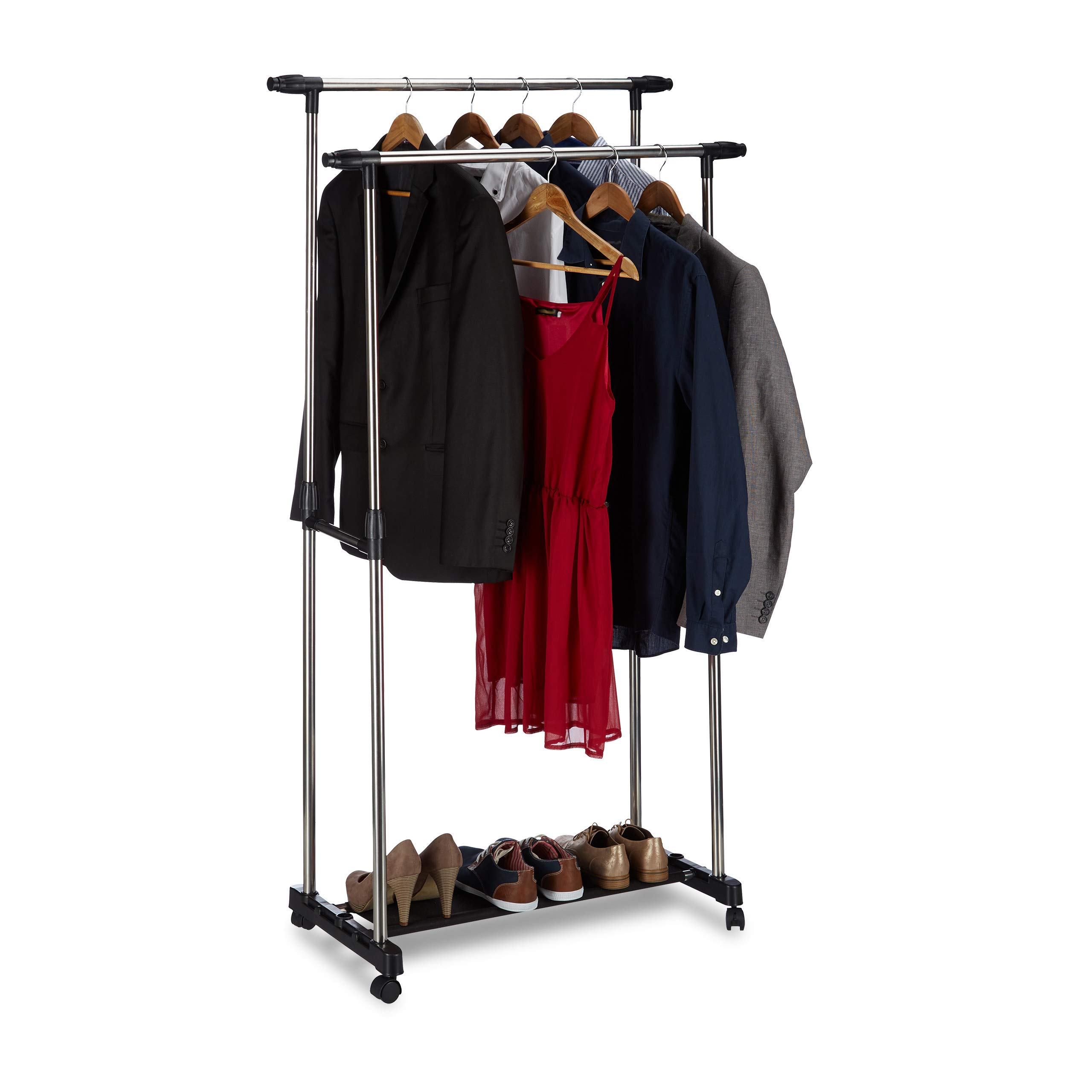 Relaxdays Garment Rack with 2 Clothes Rails on Wheels, Adjustable, HWD: 162x150x48 cm, Silver/Black