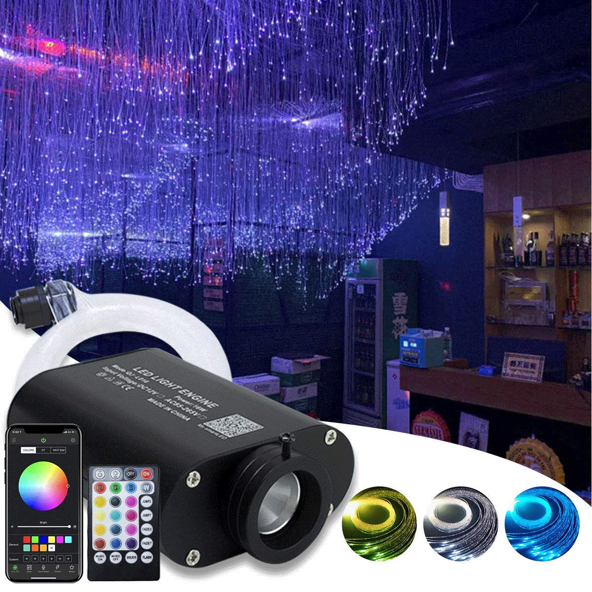 Upgraded 16W APP Optic Fiber Curtain Waterfall Light Kit for House/Room/Bar/Decor, Flash Point Cable【450pcs*0.75mm*4m】+RGBW Sound Activated Light Engine+Remote