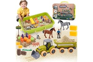 Eaciilee Play Sand Farm Toys, Farm Sensory Bins with 2.2lb Magic Sand, Animal, Take Apart Excavator Trailer Playset, Creativity Sandbox Toys with Lid for Kids 3 4 5 6 Years Old