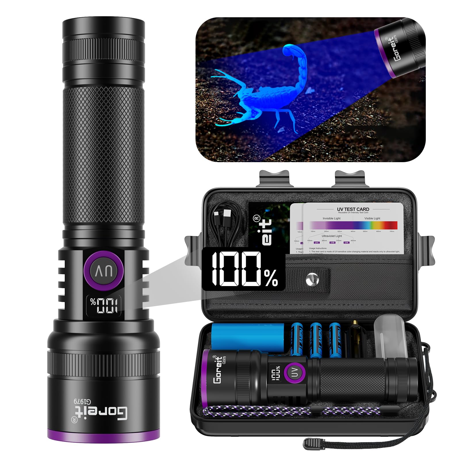 Goreit 365nm Black Light with Filter Lens - 30w Strong UV Light Flashlight Rechargeable with LCD Display Ultraviolet Blacklight for Pet Urine Detection/Resin Curing/Rocks/Scorpion/Blood Tracking Image