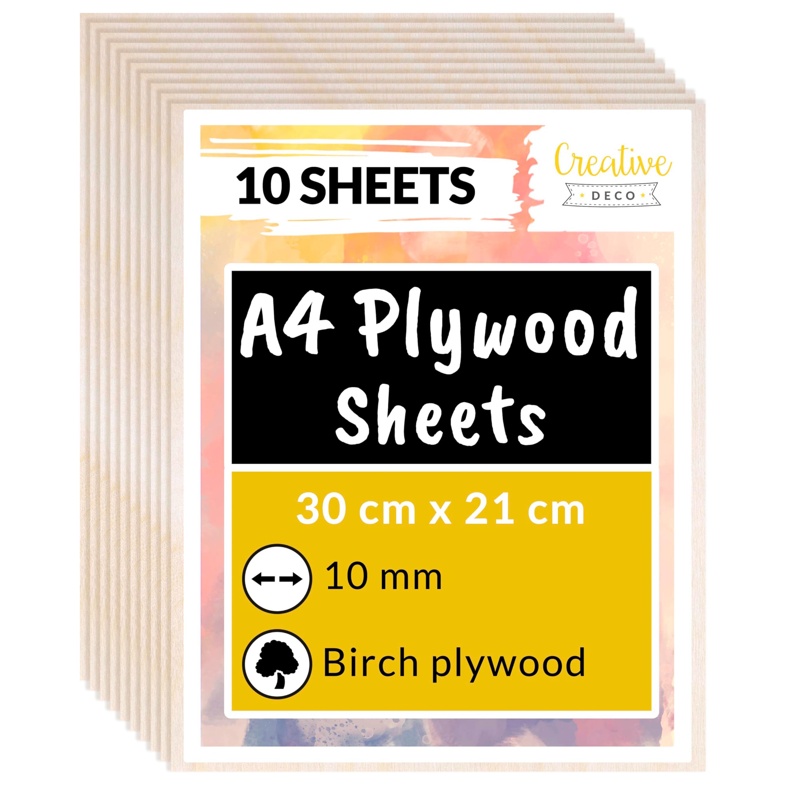 Creative Deco 10 x A4 Birch Plywood Sheets | 300 x 210 x 10 mm (+/-2mm) Baltic Wood Ply | Perfect Laserable Board Wood DIY Home Decor Arts Craft Painting Laser Cutting CNC Stenciling Pyrography — image 1
