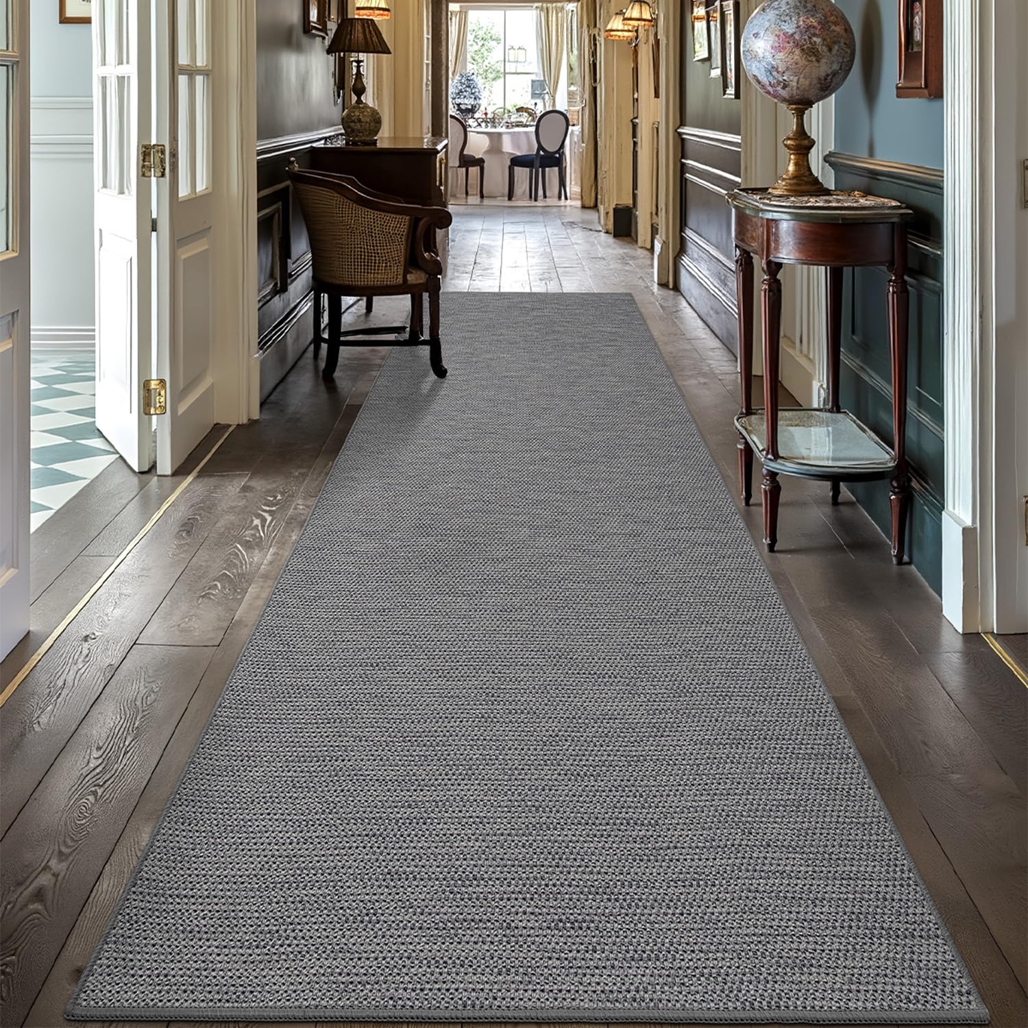 DEXI Non-Slip Hallway Runner Rug 60 x 210 cm, Thin Low-Profile Carpet for Entryway, Bedroom, Kitchen, Laundry Room – Rubber Backing, Grey