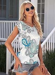 AUSELILY Womens Cap Sleeve T-Shirt Casual Loose Fit