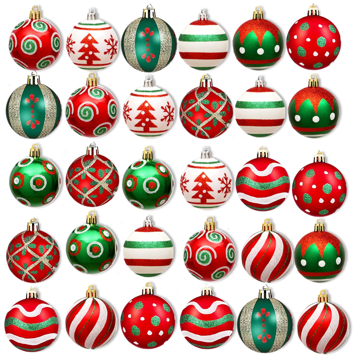 30pcs Christmas Baubles,Delightful 60mm Shatterproof Baubles Ball Ornaments,10 Styles Christmas Ball Ornaments for Xmas Tree Decoration (Red Green White)