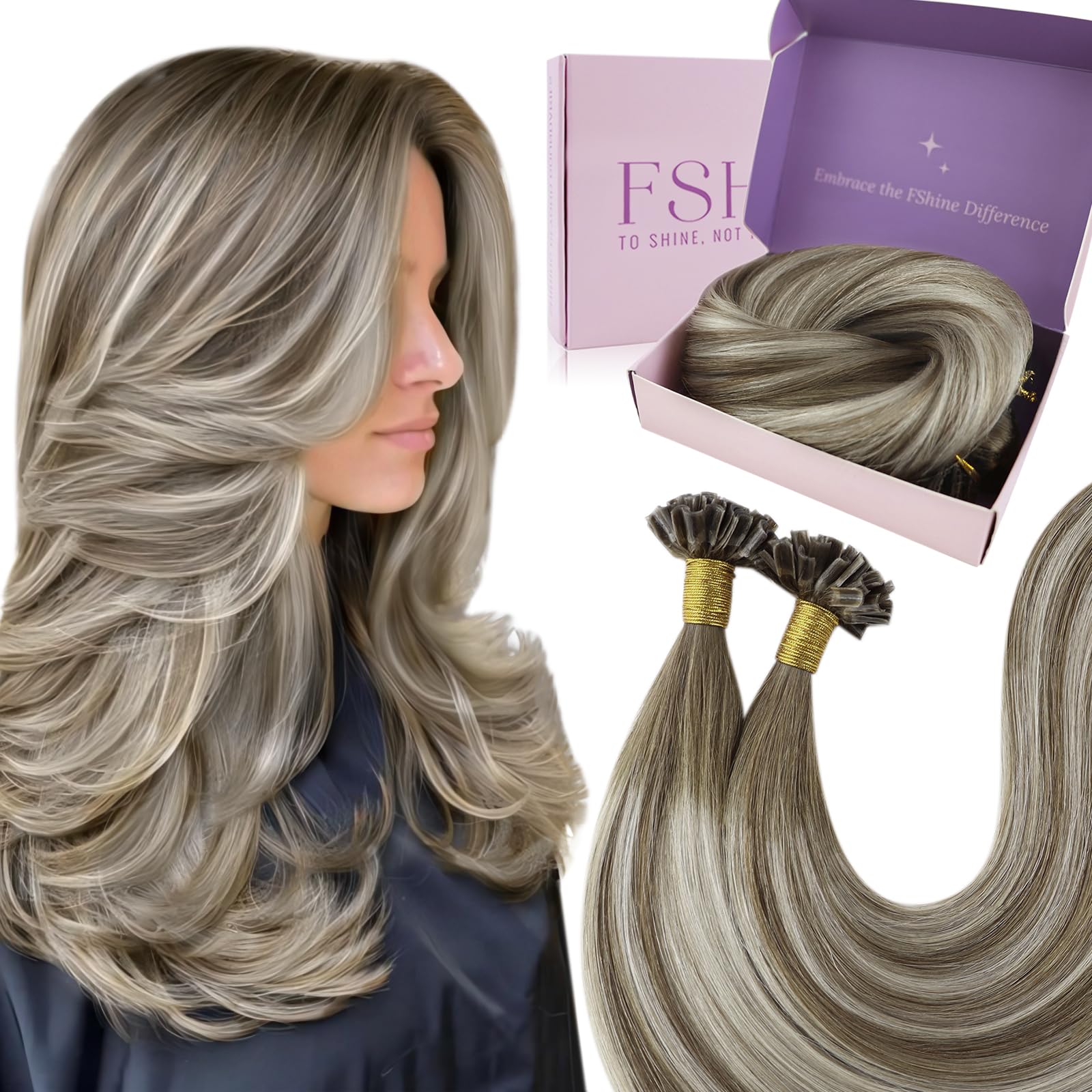 Fshine Keratin U Tip Hair Extensions, Light Brown Mix Platinum Blonde, 18 Inch 50g/50s, Pre Bonded K Tip Remy Human Hair, Soft Straight Hair Ideal For Women — image 1
