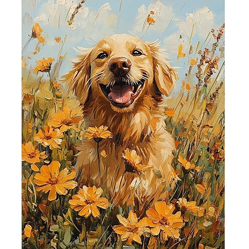 NEWENMO Lovely Dog Paint by Numbers for Adult Beginners,Flowers Paint by Numbers Kits,Digital Oil Painting 40x50cm,Painting by Number Canvas Kits,DIY Acrylic Pigment Drawing Paintwork for Home Decor