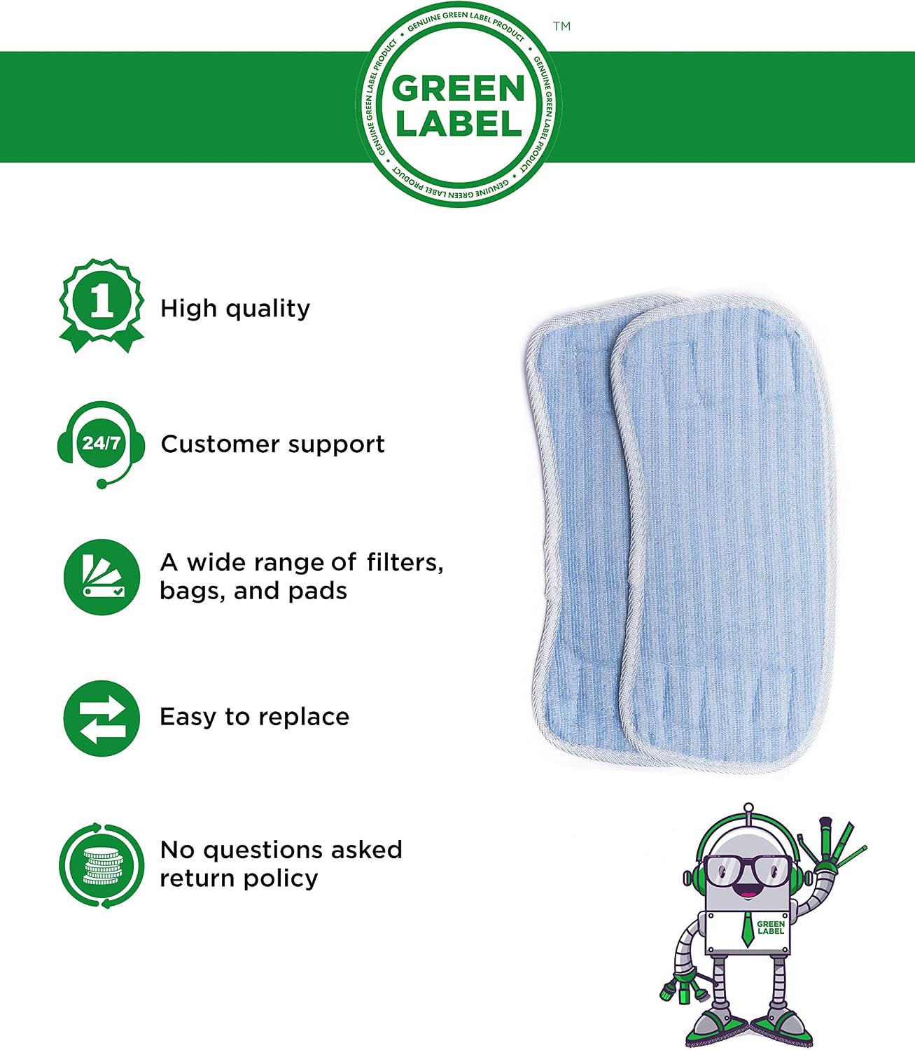 Green Label 2 Pack for Hoover SSS1500 SteamJet Express Steam Mop Replacement Cleaning Pads (compares to AC25, 35601390) - Image 3