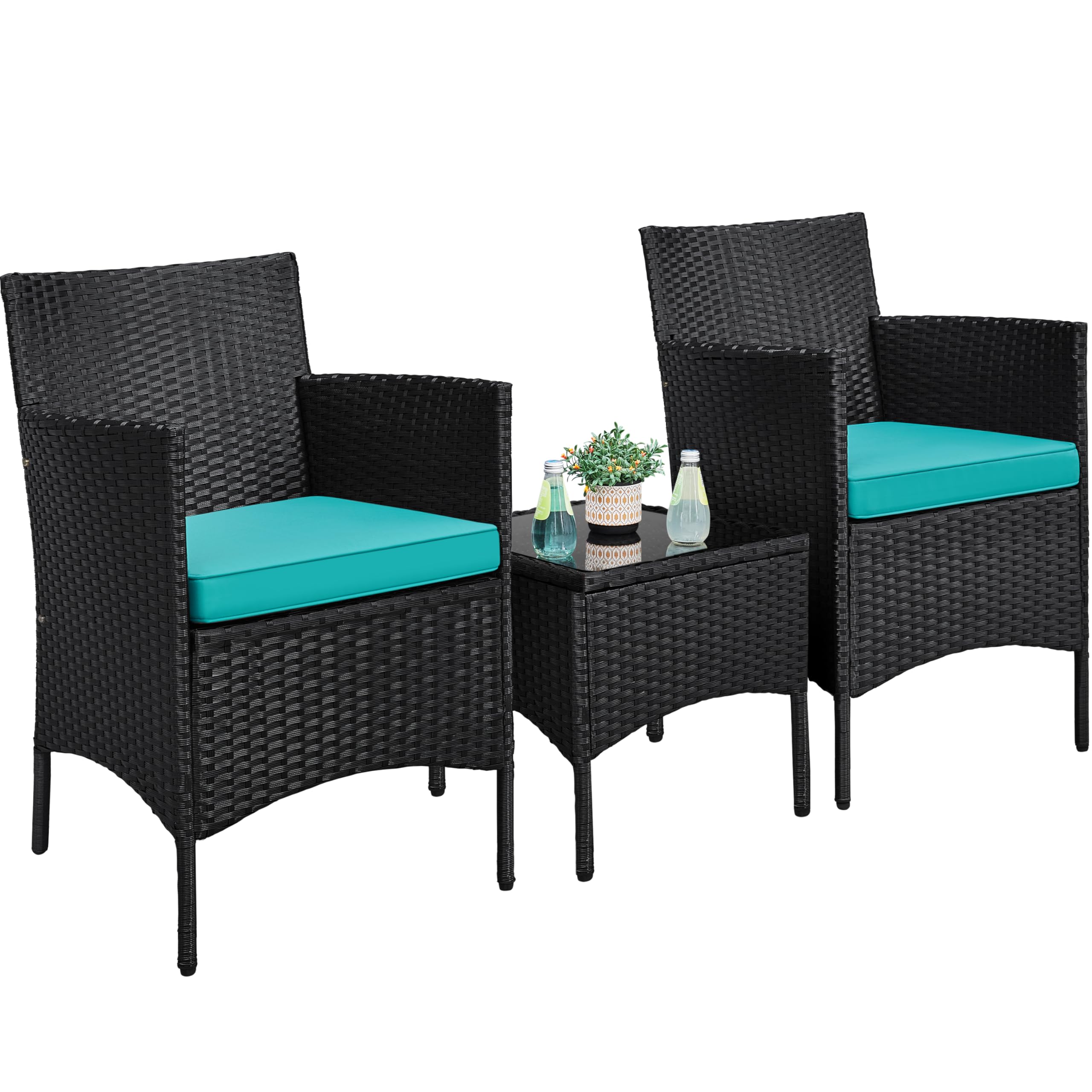Yaheetech 3 Pieces Patio Porch Furniture Set, Outdoor PE Rattan Wicker Conversation Set with Soft Cushions, Glass Coffee Table & 2 Chairs for Garden/Deck/Courtyard/Poolside, Black/Cyan Image