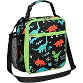 Bagseri Kids Lunch Bag with Shoulder Strap - Insulated Crossbody Boys Lunch Box for School & Travel, Reusable Large Meal Tote with Bottle Holder, Fits Bento Box, Black Dinosaur